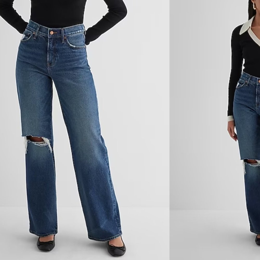 NWOT EXPRESS High Waisted Dark Wash Ripped Wide Leg Jeans